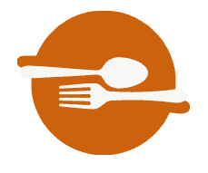 orange circle (plate) with white fork and spoon crossing the plate.
